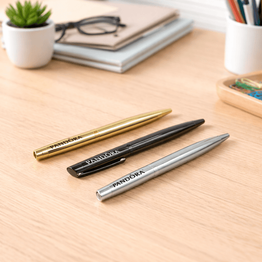 The Rhi Metal Ball Pen - Three metal ballpoint pens in gold, black, and silver arranged on a wooden desk with stationery in the background.