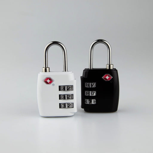 Portable Luggage TSA Lock - Two TSA locks are displayed: one white and one black, both featuring a combination dial and a logo.