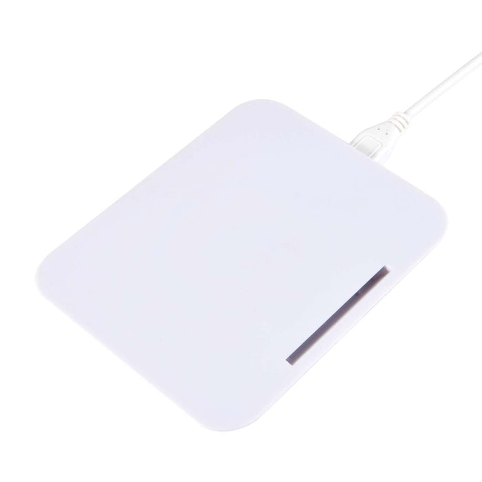 Proton Wireless Charger - A wireless charger featuring a sleek, rectangular design in white, with a cable attached for power connection.