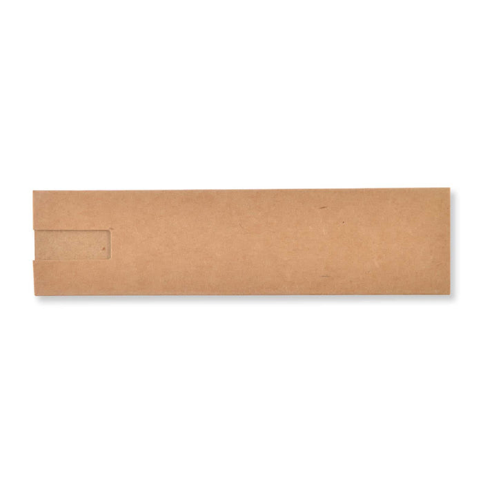 Maddie Gel Ink Pen - A cardboard packaging for a pen, featuring a simple design and a cut-out section at one end.