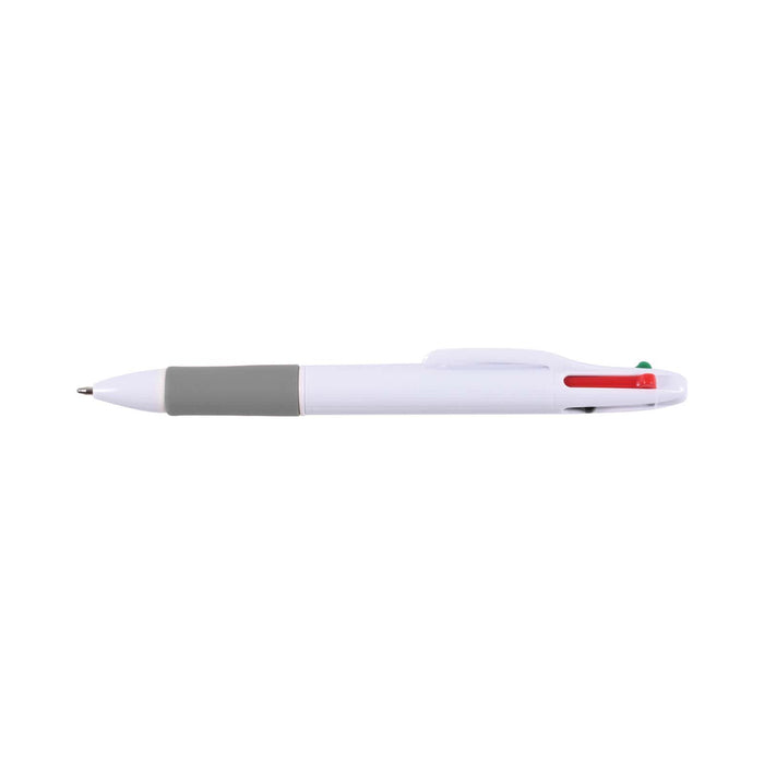 Supra 4 Colour White Pen - A plastic pen featuring four colors—red, blue, green, and black—within a white body and a gray grip.