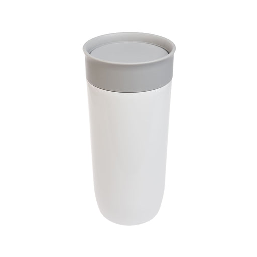 The Ultimate Welcome - Tea Edition - A stainless steel coffee cup in white with a gray lid, featuring a smooth, sleek design and a logo.