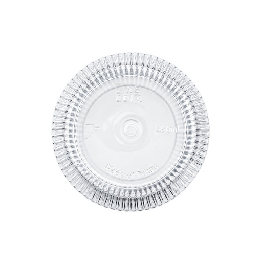 Velora Tumbler by The Line Edit. - A clear, round tumbler with a textured rim, featuring a logo and a capacity of 450ml.