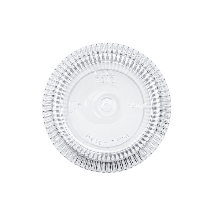 Velora Tumbler by The Line Edit. - A clear, round tumbler with a textured rim, featuring a logo and a capacity of 450ml.