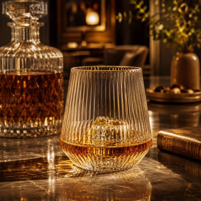 Velora Tumbler Gift Set by The Line Edit. - A drink glass with a ridged texture, filled with amber liquid, sits on a marble surface beside a crystal decanter.