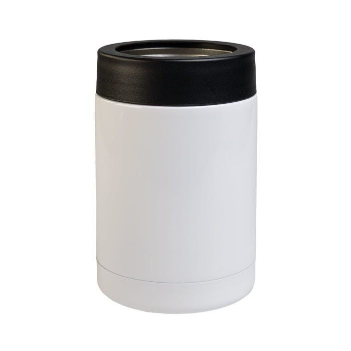 The Reel Deal - A drink bottle in white with a black lid, featuring a sleek, stainless steel design and a logo.