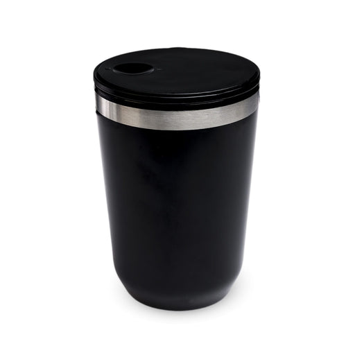 The Pause Pack: Christmas Edition - A reusable coffee cup in black with a stainless steel band and a lid featuring a drinking opening.