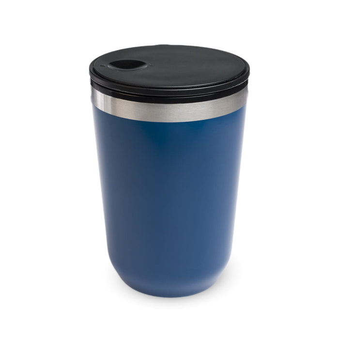 The Pause Pack - A blue drink bottle with a stainless steel band and a black lid. It features a logo on the side.