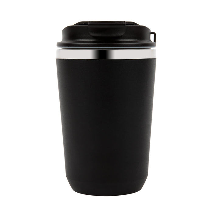 Lunch & Latte Kit - A double wall coffee cup in sleek black with a stainless steel band and a black lid, featuring a logo.