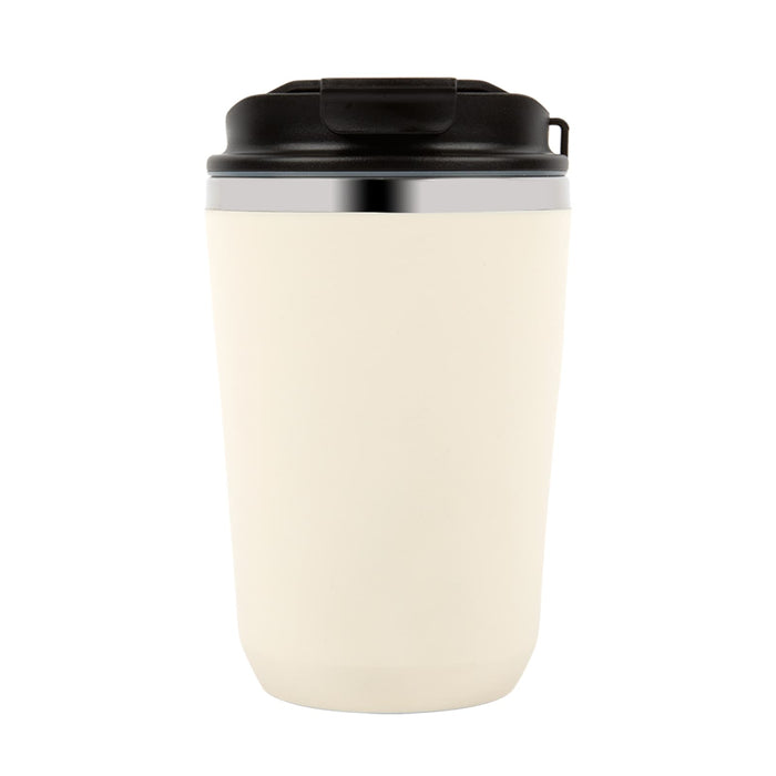 Lunch & Latte Kit - A double wall coffee cup in cream with a black lid and a silver accent. Features a logo on the side.