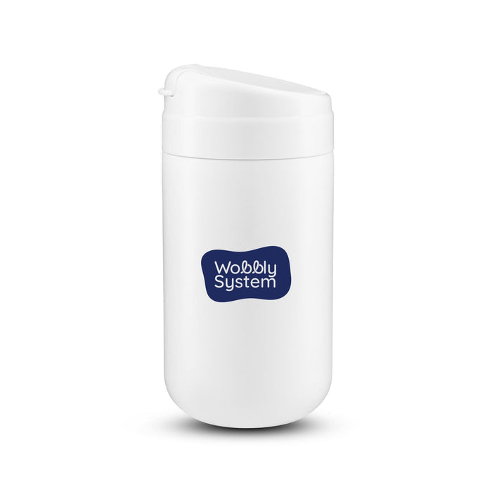 Esplanade Coffee Cup by The Line Edit. - A white coffee cup with a lid and a logo on the front.