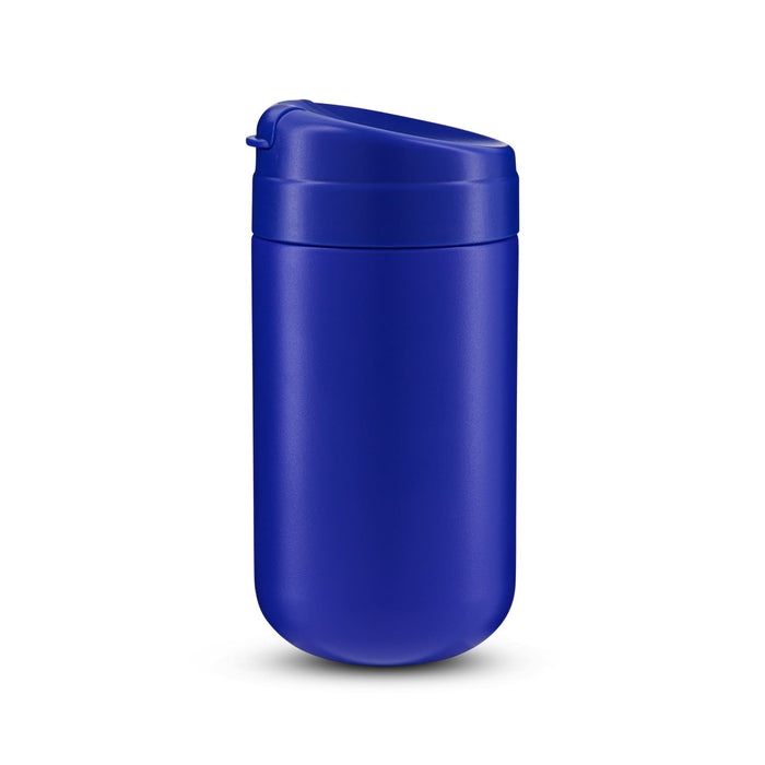 Esplanade Coffee Cup by The Line Edit. - A blue coffee cup with a lid and a smooth finish, featuring a branding logo.