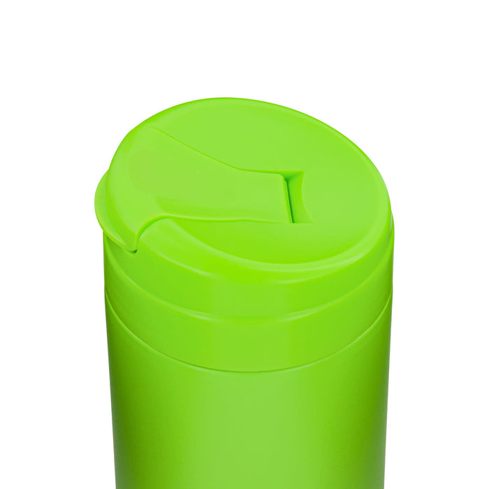 Esplanade Coffee Cup by The Line Edit. - A drink bottle in bright green with a flip-top lid and a smooth finish. Features a logo.