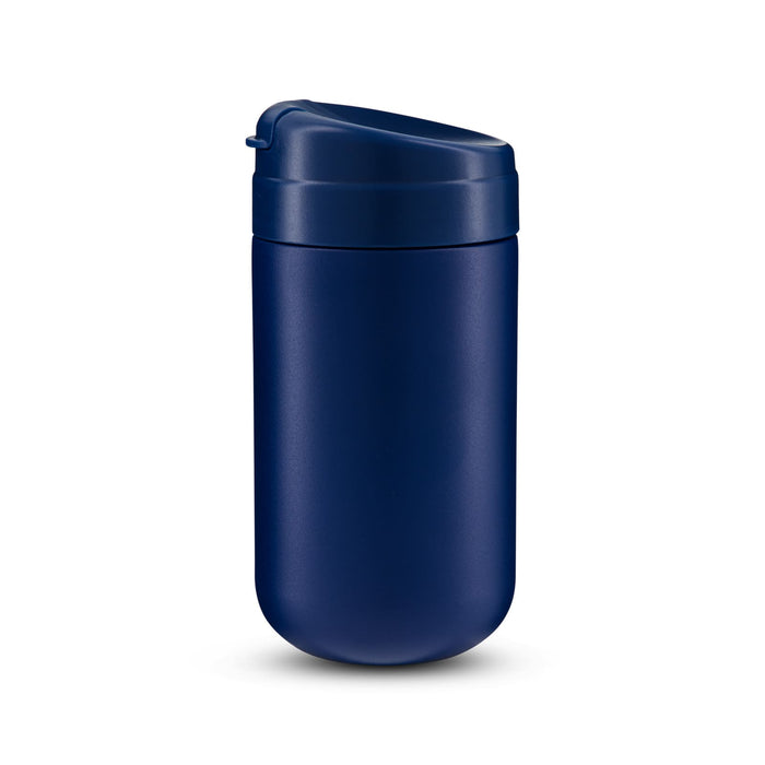 Esplanade Coffee Cup by The Line Edit. - A coffee cup in a deep navy blue with a secure lid and smooth finish, featuring a subtle branding logo.