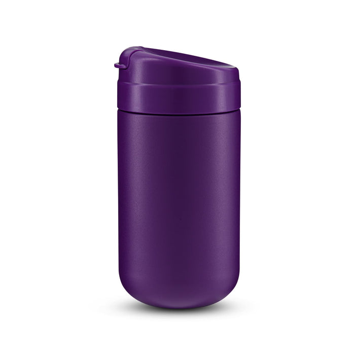 The Modern Essential Gift Set - A purple coffee cup with a secure lid and a smooth finish. It features a logo on the surface.