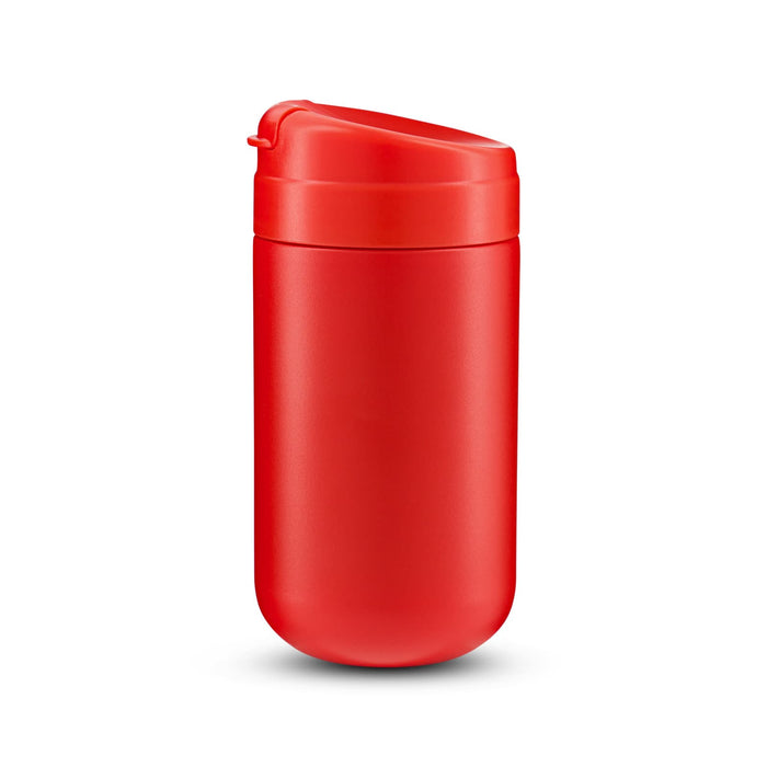 Esplanade Coffee Cup by The Line Edit. - A coffee cup in bright red with a secure lid and a smooth finish, featuring a logo on the side.