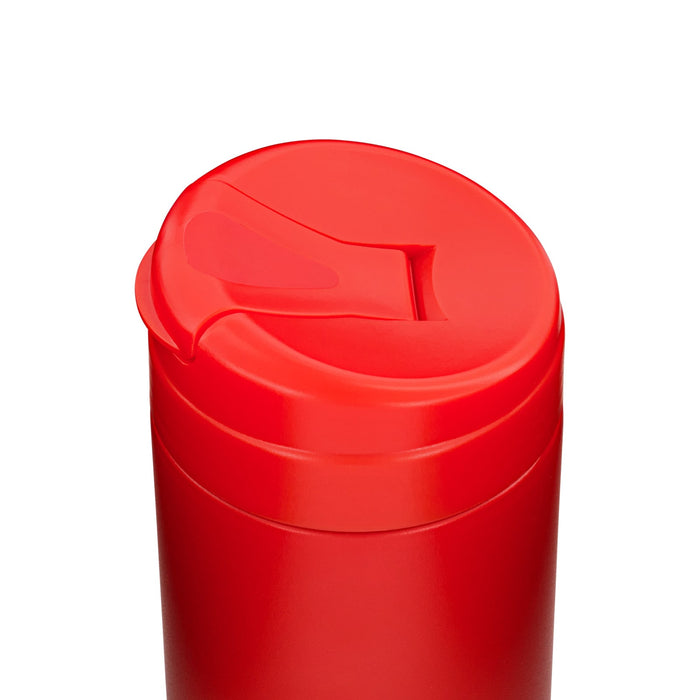 Esplanade Coffee Cup by The Line Edit. - A red coffee cup with a secure lid, featuring a logo.