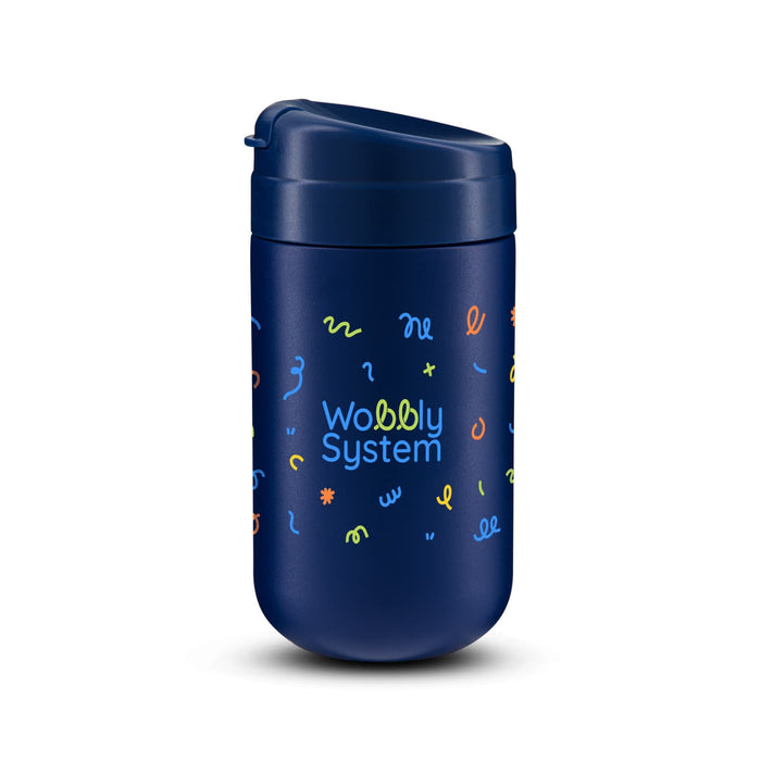 Esplanade Coffee Cup by The Line Edit. - A reusable coffee cup in navy blue featuring a playful design and a lid. It includes a logo on the front.