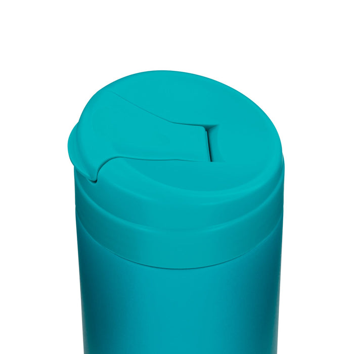 Esplanade Coffee Cup by The Line Edit. - A drink bottle with a teal exterior and a sliding lid. It features a logo on the surface.