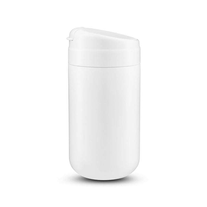 Esplanade Coffee Cup by The Line Edit. - A white coffee cup with a lid and a simple design, featuring a logo on its surface.