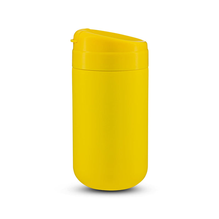 The Modern Essential Gift Set - A yellow coffee cup with a rounded lid and a sleek design. It features a logo.