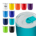 Indiana Coffee Cup - A collection of multi-coloured coffee cups with lids, featuring various colours including yellow, orange, purple, blue, and green.