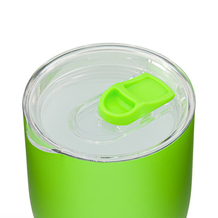 Indiana Coffee Cup - A green drink bottle with a clear lid and a green flip-top opening. It features a smooth surface and a sleek design.