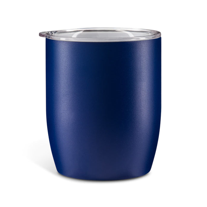 Indiana Coffee Cup - A navy blue insulated coffee cup with a clear lid, featuring a smooth matte finish and a branding logo.