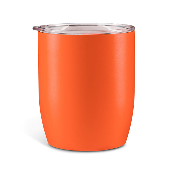 Indiana Coffee Cup - An orange insulated coffee cup with a transparent lid and sleek design, suitable for keeping beverages hot or cold.