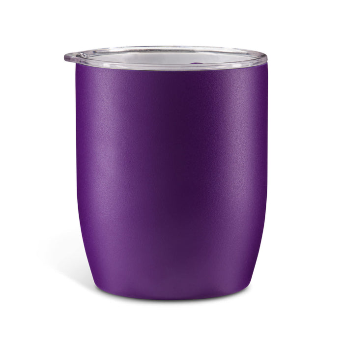 Indiana Coffee Cup - A purple insulated coffee cup with a clear lid, featuring a smooth, matte finish and a rounded design.
