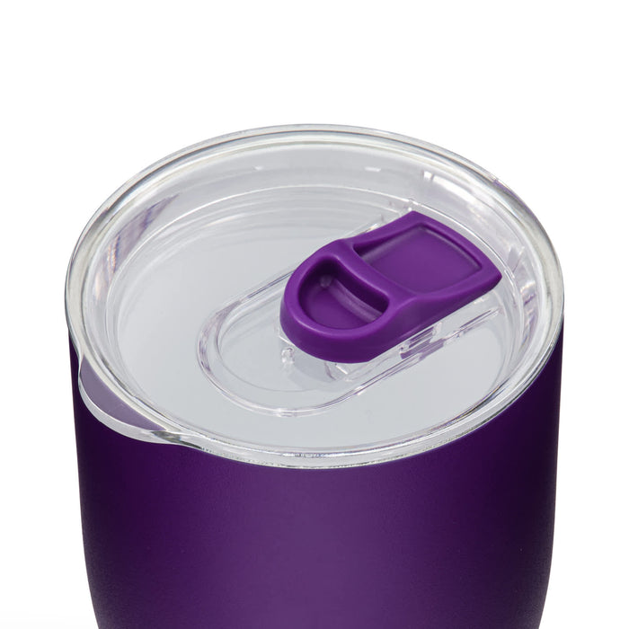 Indiana Coffee Cup - A purple coffee cup with a clear lid and a flip-top opening. It features a smooth, matte finish and a branding logo.