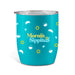 Indiana Coffee Cup - A travel mug in teal with various food and drink graphics and a logo. It features a clear lid.