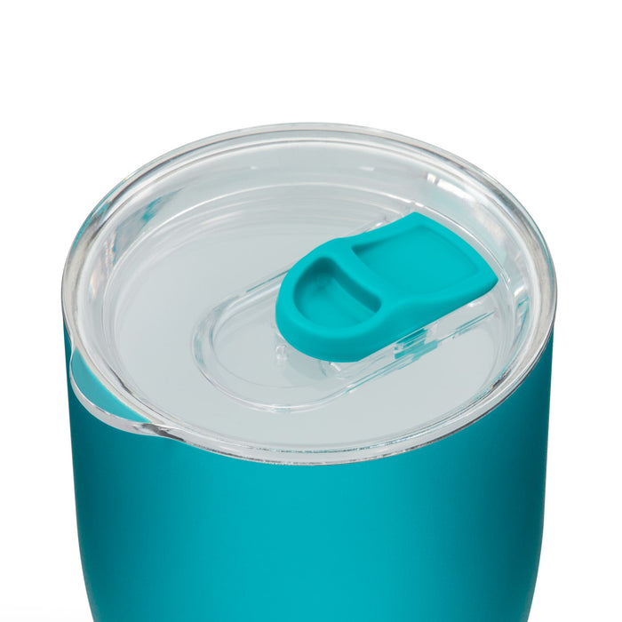 Indiana Coffee Cup - A drink bottle in a vibrant turquoise colour with a clear lid and a flip-top opening. It features a logo.