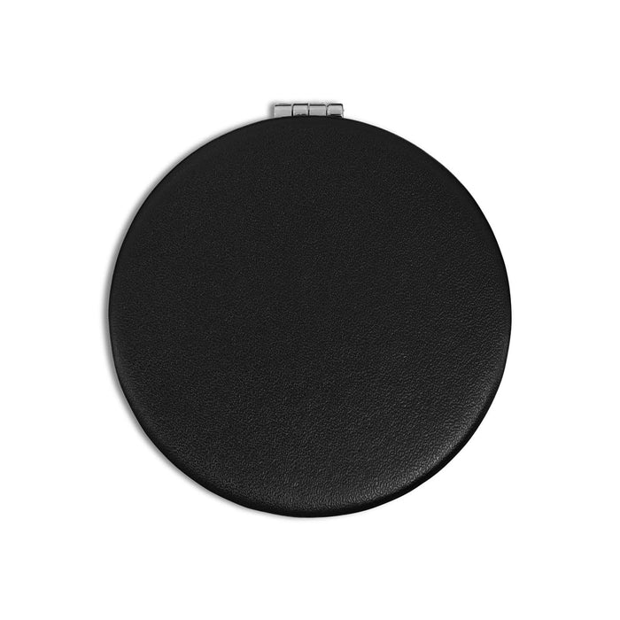 Finesse Compact Mirror - A round, black compact mirror with a textured finish and a silver clasp. It features a logo on the surface.