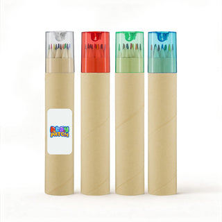 Colouroo Long Pencils in Tube - A tube containing long pencils with transparent caps in red, green, and blue, along with a natural kraft exterior.