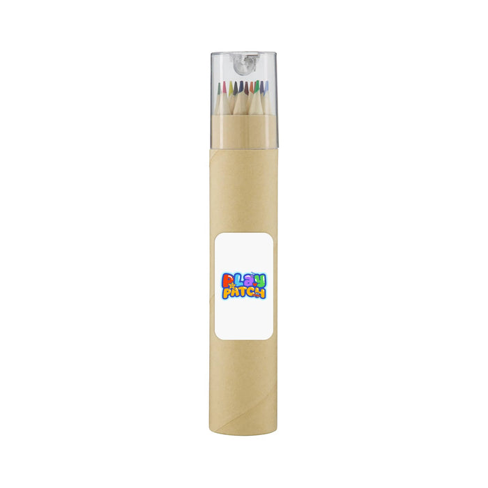 Colouroo Long Pencils in Tube - A tube containing long pencils in various colours, with a clear lid and a label displaying a logo.