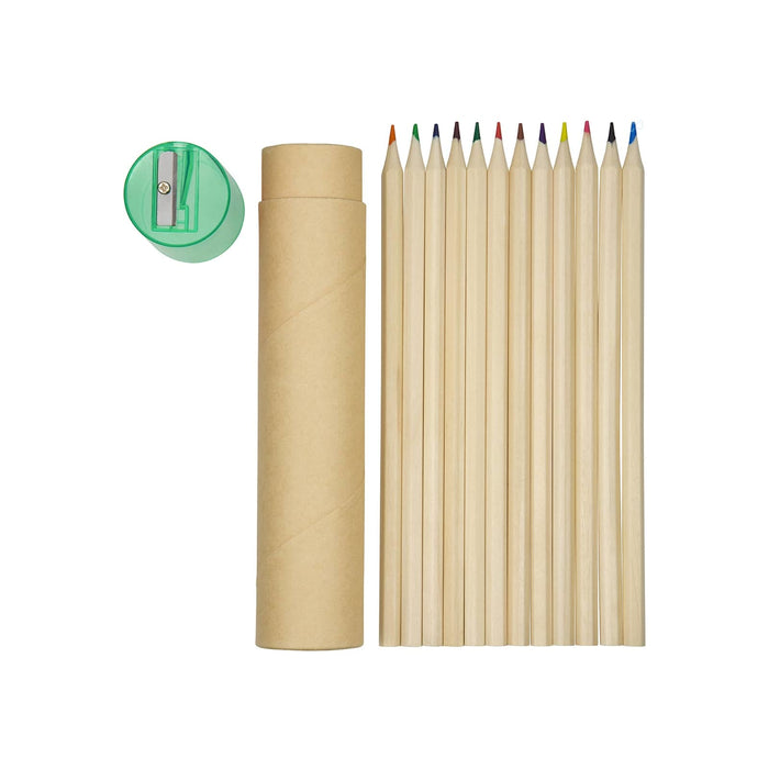 Colouroo Long Pencils in Tube - A set of long coloured pencils in natural wood, neatly arranged alongside a green sharpener in a tube.