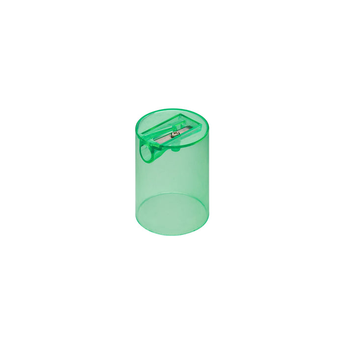 Colouroo Long Pencils in Tube - A green cylindrical sharpener with a transparent body and a metal blade inside. It features a logo on the surface.