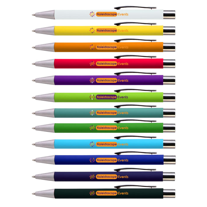 Aspen Aluminium Pen - A collection of colourful metal pens in various shades including white, yellow, orange, purple, green, and blue, each with a logo.