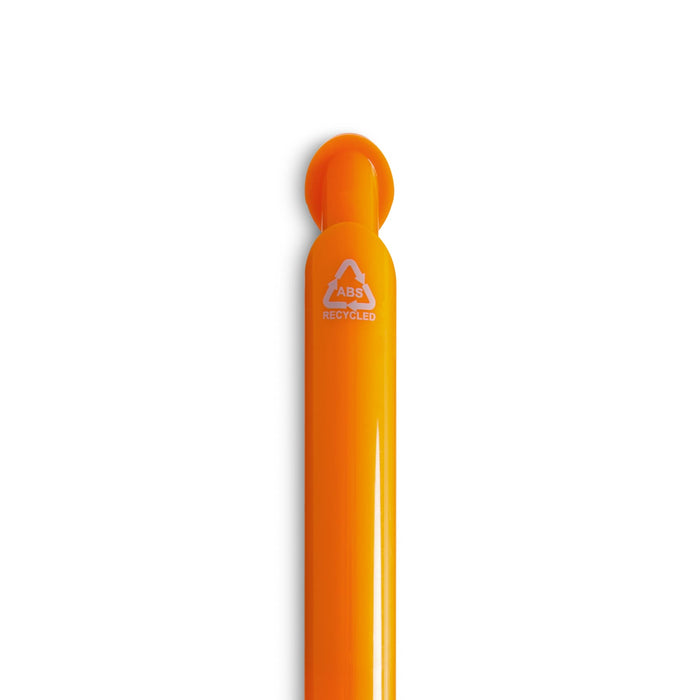 Octave Gel Ink Pen - An orange gel ink pen with a smooth barrel and a logo indicating recycled material.