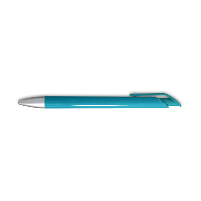 Octave Gel Ink Pen - A turquoise gel ink pen with a silver tip and a sleek design, featuring a branding logo.