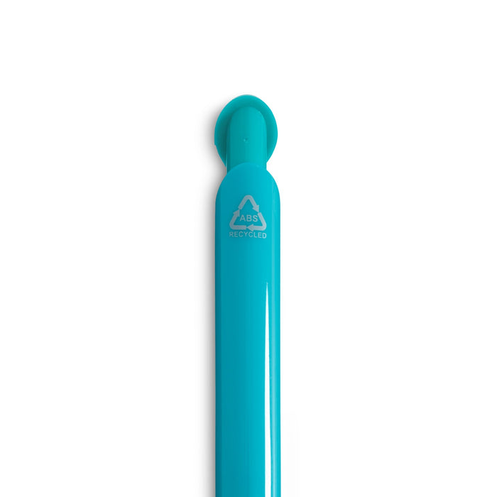 Octave Gel Ink Pen - A vibrant turquoise gel ink pen with a rounded top, featuring a logo and made from recycled materials.