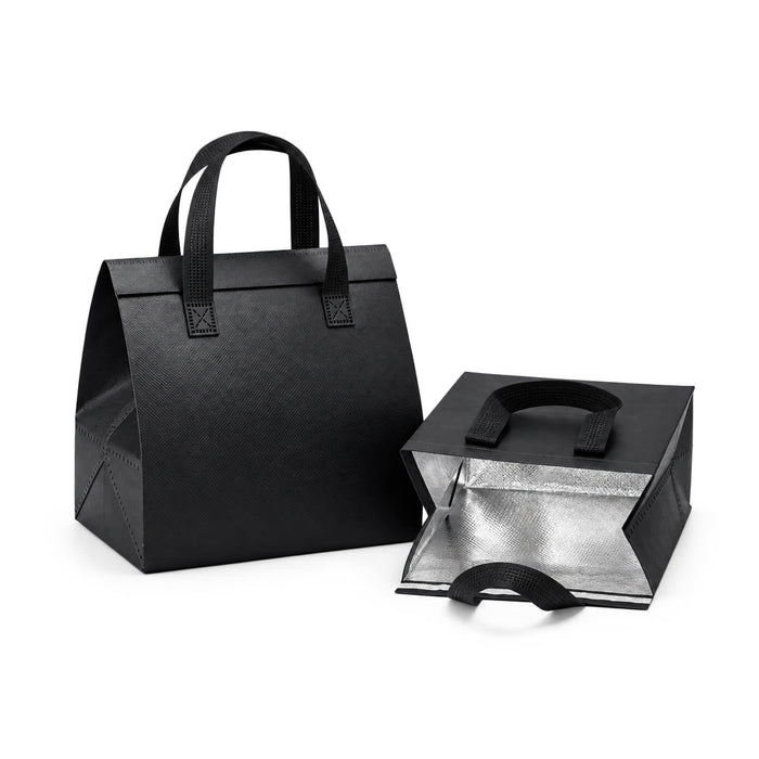 Wayfarer Cooler Bag - A black cooler bag with handles, featuring an insulated silver interior and a foldable design. It has a logo on it.