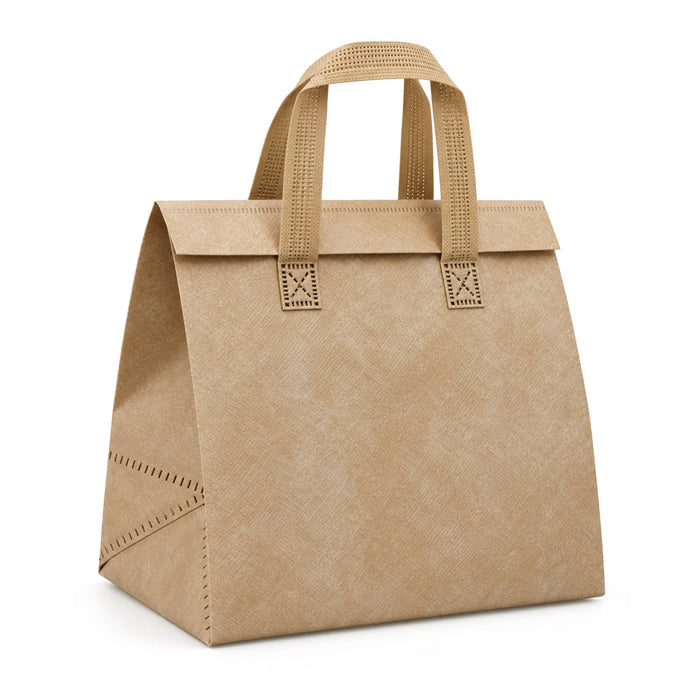 Wayfarer Cooler Bag - A tan cooler bag with two sturdy handles and decorative stitching, featuring a logo on the front.