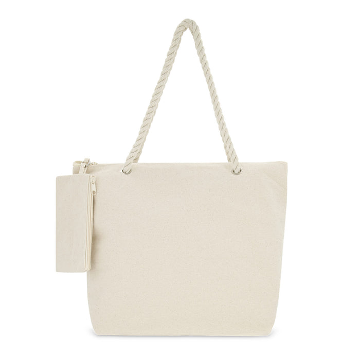 The Sunchaser Set - A cream-coloured tote bag with a rope handle and a side pouch. It has a simple, minimalist design.