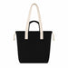 Darby Tote Bag - A black tote bag with cream handles and a drawstring closure, featuring a logo.