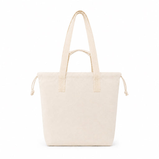 Darby Tote Bag - A light beige tote bag with two shoulder straps and a drawstring closure at the top. It has a simple branding logo.
