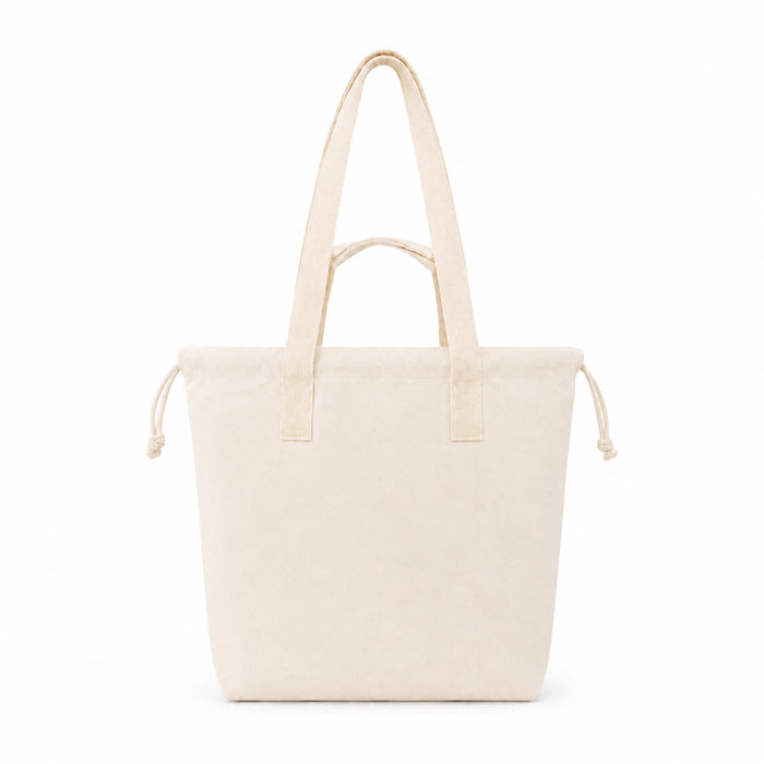 Darby Tote Bag - A light beige tote bag with two shoulder straps and a drawstring closure at the top. It has a simple branding logo.