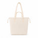 Darby Tote Bag - A light beige tote bag with two shoulder straps and a drawstring closure at the top. It has a simple branding logo.