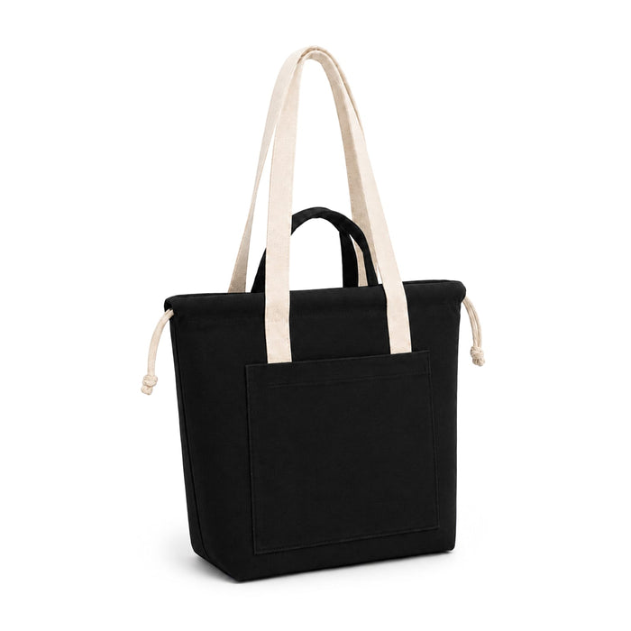 Darby Tote Bag - A black tote bag with cream straps and a front pocket, featuring a drawstring closure.
